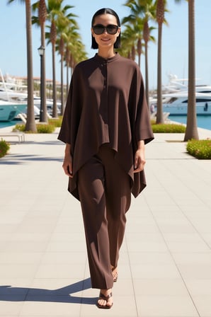 Kadın Büyük Beden Hakim Yaka Panço Gömlek İkili Takım Modal Polyester Uzun Kol Günlük Rahat Modern