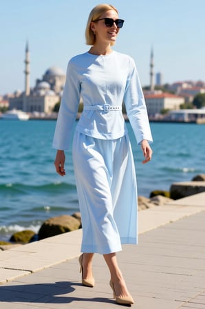 Kadın Tesettür Maxi Elbise Bisiklet Yaka Uzun Kol Kemerli Skater Kesim Terrycotton Dokuma Günlük