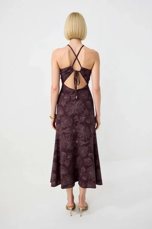 Kadın Çiçekli Desenli Halter Yaka Maxi Elbise %100 Viskoz Dokuma A-Line Kesim Astarsız Günlük Rahat