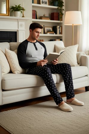 Erkek Regular Fit Reglan Kol Düğmeli Yaka Örme Pijama Takımı Fonksiyonel Modern %100 Pamuk