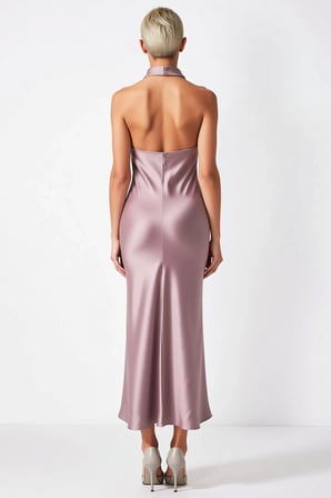 Kadın Elbise Bodycone Degaje Yaka Kolsuz Saten Dokuma Maxi Boy Slip Kalıp Astarsız Düz Desen Siluet