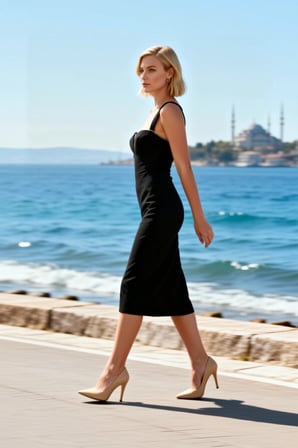 Kadın Bodycon Midi Elbise V Yaka Askılı Dokuma Finike Astarsız Düz Desenli Yapısal Tasarım