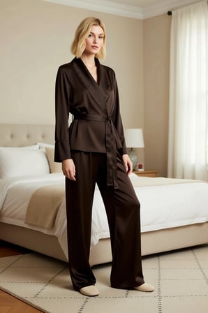 Kadın V Yaka Uzun Kol Relaxed Kalıp Dokuma Pijama Takımı Fonksiyonel Dayanıklı
