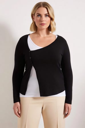 Kadın Büyük Beden Bluz Asimetrik Yaka Uzun Kol Penye Süprem Örme Kumaş Fitted Kalıp