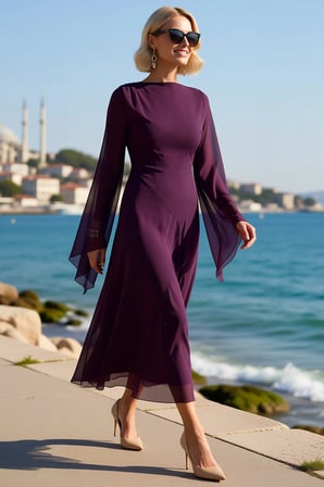Kadın Tesettür Maxi Elbise İspanyol Kollu Dik Yaka Şifon Astarlı Zarif Gece Abiyesi Günlük Rahat