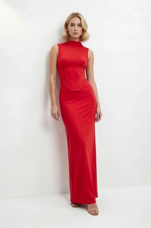 Kadın Kolsuz Dik Yaka Korse Detaylı Maxi Elbise Shift Kesim Sandy Dokulu Polyester Günlük Rahat
