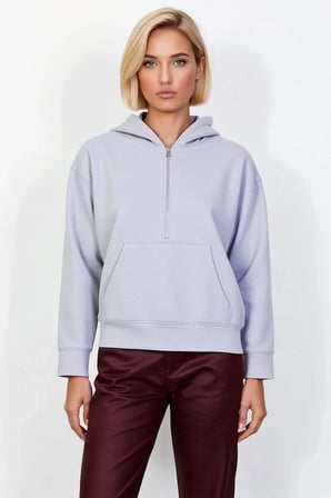 Kadın Kapüşonlu Düşük Kol Fermuarlı Geniş Kesim Örme Sweatshirt Fonksiyonel Dayanıklı Spor