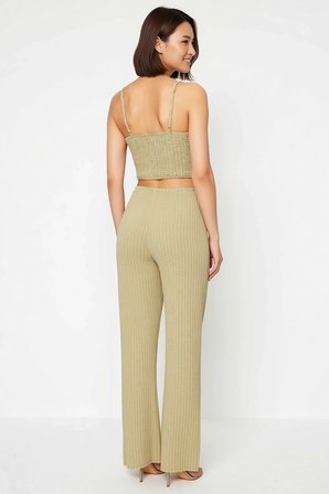 Kadın Büyük Beden İnce Askılı Kalp Yaka Büzgülü Crop Top Uzun Pantolon Plaj Takımı Günlük Rahat