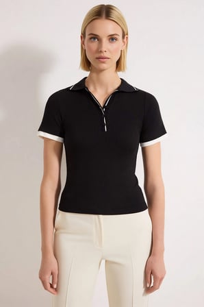 Kadın Bluz Polo Yaka Kısa Kol Fitted Fitilli Örme Biyeli Esnek Kaşkorse Vücuda Oturan