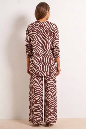 Kadın Büyük Beden Zebra Desenli %100 Pamuk Plaj Gömlek Pantolon Takımı Oversize Kesim Uzun Boy Rahat
