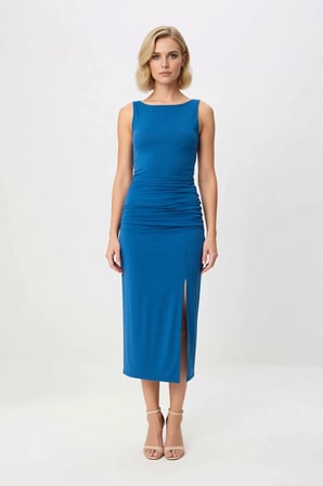 Kadın Kolsuz Balıkçı Yaka Bodycon Maxi Elbise Astarlı Micro Dokuma Yandan Yırtmaçlı Günlük Rahat