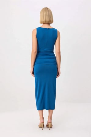 Kadın Kolsuz Balıkçı Yaka Bodycon Maxi Elbise Astarlı Micro Dokuma Yandan Yırtmaçlı Günlük Rahat