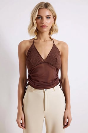 Kadın Bluz Halter Yaka Kolsuz Dantel Detaylı Büzgülü Tül Örme Kumaş Relaxed Kalıp Düz Desen