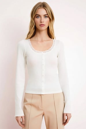 Kadın Bluz Fitted Crop Havuz Yaka Uzun Kol Fitilli Örme Kaşkorse Dokuma Dantel Detaylı Astarsız