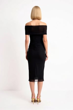 Kadın Zebra Desenli Carmen Yaka Kolsuz Bodycon Midi Elbise Tül Astarlı Party Günlük Rahat Modern