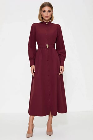 Kadın Maxi Tesettür Elbisesi Dik Yaka Uzun Kol Kuşaklı Terrycotton Dokuma Rahat Kesim Günlük Modern