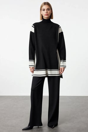 Kadın Büyük Beden Oversize Triko Tunik Pantolon Takımı Renk Bloklu Çizgili Dik Yaka Uzun Kol Günlük