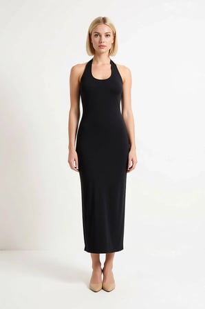 Kadın Havuz Yaka Kolsuz Bodycon Midi Elbise %96 Polyester Elastan Astarsız Düz Desen Günlük Rahat