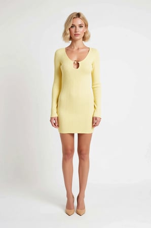 Kadın Uzun Kollu Bodycon Midi Plaj Elbisesi Balıkçı Yaka Detaylı Triko Kumaş L Beden Günlük Rahat