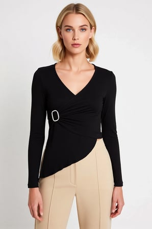 Kadın Bluz Kruvaze Yaka Uzun Kol Örme Kumaş Fitted Asimetrik Kesim Aksesuar Detaylı Crop Şık