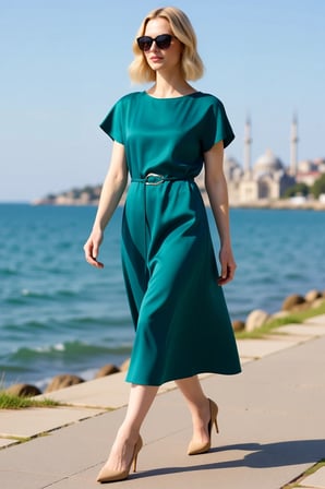 Kadın Midi Shift Elbise Kayık Yaka Kısa Kol Kemerli Saten Dokuma Astarsız Günlük Rahat Modern Şık