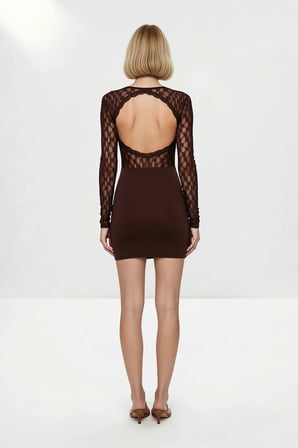 Kadın Uzun Kollu V Yaka Dantel Detaylı Bodycon Kesim Mini Elbise Astarsız Rahat Günlük Modern Şık