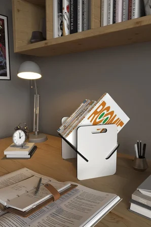 Kitap standı, çalışma masası organizer, dekoratif dergi standı, minimalist kitaplık.