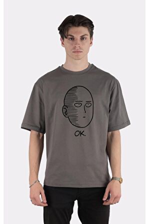 Füme %100 Pamuk Bisiklet Yaka Oversize T-shirt One Punch Man Ok Face