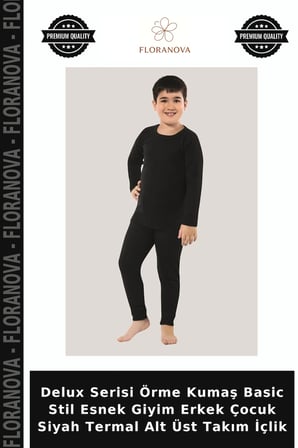 Delux Serisi Örme Kumaş Basic Stil Esnek Giyim Erkek Çocuk Siyah Termal Alt Üst Takım İçlik
