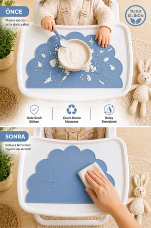 Siliconly %100 Silikon Mama Sandalyesi Aksesuarı Mavi Bulut Şekilli Bebek Beslenme Matı