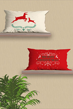 2'li Dikdörtgen Yılbaşı Desenli Çift Taraf Baskı, Yastık Kılıfı, Kırlent Kılıfı, Fermuarlı