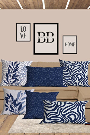 6’li Lacivert Beyaz, Dikdörtgen, Çift Tarafı Dijital Baskı, Yastık kılıfı,Kırlent Kılıfı, Fermuarlı