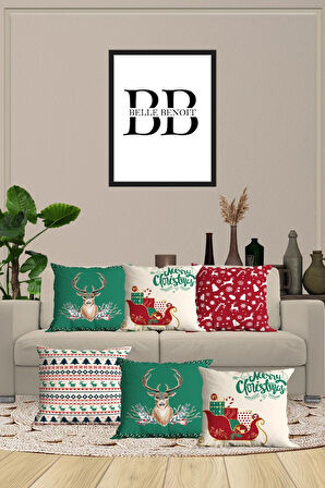 6’li Yılbaşı Desenli, Dekoratif Çift Tarafı Dijital Baskı, Yastık kılıfı, Kırlent Kılıfı, Fermuarlı