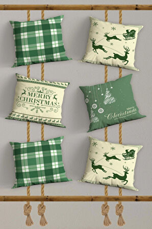6’li Yılbaşı Desenli, Dekoratif Çift Tarafı Dijital Baskı, Yastık kılıfı, Kırlent Kılıfı, Fermuarlı