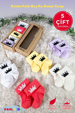 Kız Bebek Çorap Seti 5 Çift – Taç Desenli – Kutulu – Patik Boy – Pamuk