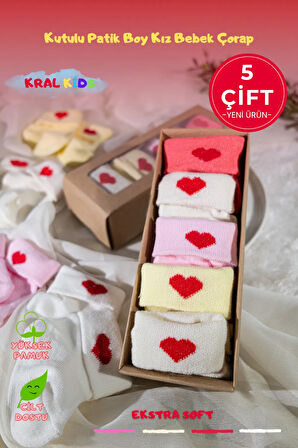 Kız Bebek Çorap Seti 5 Çift – Kalp Desenli – Kutulu – Patik Boy – Pamuk