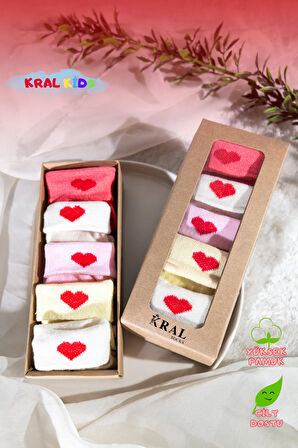 Kız Bebek Çorap Seti 5 Çift – Kalp Desenli – Kutulu – Patik Boy – Pamuk