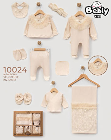 KIZ BEBEK ORGANİK MÜSLİN KUMAŞ NEWBORN 10 LU DANTELLİ NAKIŞLI TAKIM SETİ 0-3 AY