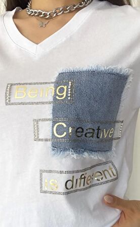 %100 Pamuk Cebi Kot ve İnci Detaylı Pamuk Tişört Slogan ve Varak Baskılı T-Shirt