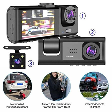 DV300 Yeni 3 Kameralı Araç İçi Kayıt Kamerası Trafik Recorder 2 İnç IPS Ekran Full HD 1080p