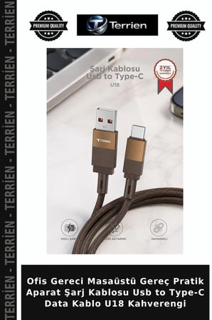 Ofis Gereci Masaüstü Gereç Pratik Aparat Şarj Kablosu Usb to Type-C Data Kablo U18 Kahverengi