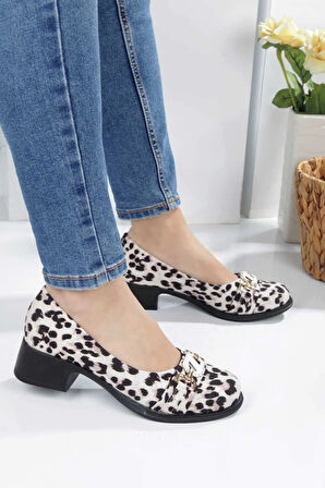 Leopar Desenlı Taş Detaylı Toka Kadın Topuklu Babet