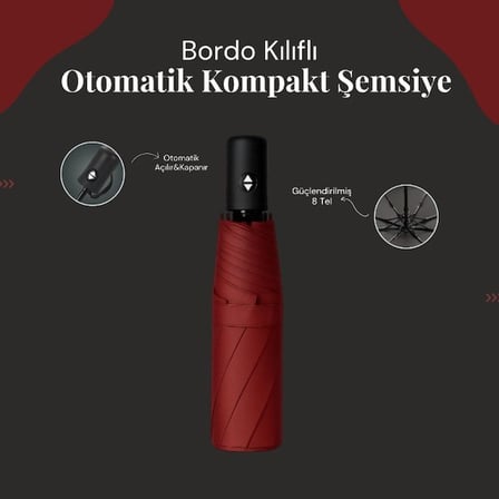 Premium Mevsimlik Ürün Çanta İçi Yolculuk Eşyası Bordo Kılıflı Otomatik Kompakt Şemsiye
