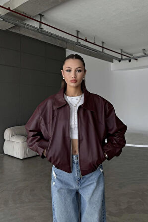 Prifaldi BELİZE Oversize Bomber Belden Lastikli Deri Ceket Bordo