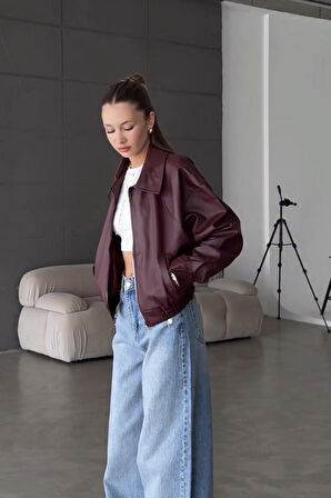 Prifaldi BELİZE Oversize Bomber Belden Lastikli Deri Ceket Bordo