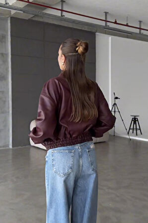 Prifaldi BELİZE Oversize Bomber Belden Lastikli Deri Ceket Bordo