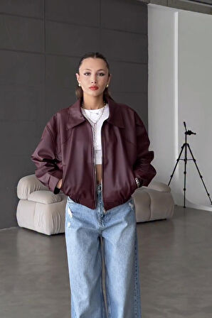 Prifaldi BELİZE Oversize Bomber Belden Lastikli Deri Ceket Bordo