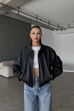 Prifaldi BELİZE Oversize Bomber Belden Lastikli Deri Ceket Siyah