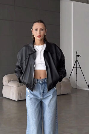 Prifaldi BELİZE Oversize Bomber Belden Lastikli Deri Ceket Siyah