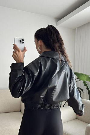 Prifaldi Premium Pb Oversize Bomber Belden Lastikli Deri Ceket Siyah